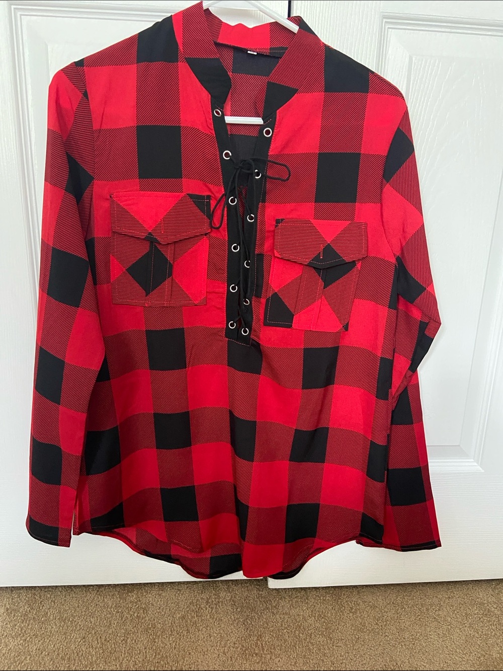 Women’s Red and Black Buffalo Plaid Lace-Up Shirt